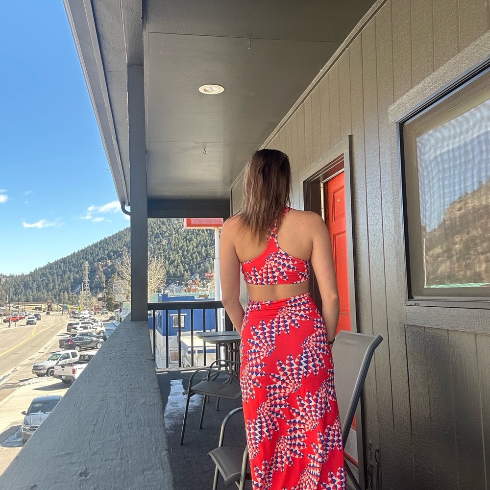 adidas Red Patterned One-Shoulder Cutout Dress - Picture 2 of 10